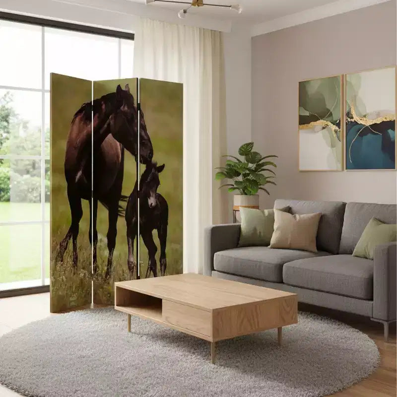 72 Inch Brown Canvas Folding Three Panel Room Divider Screen