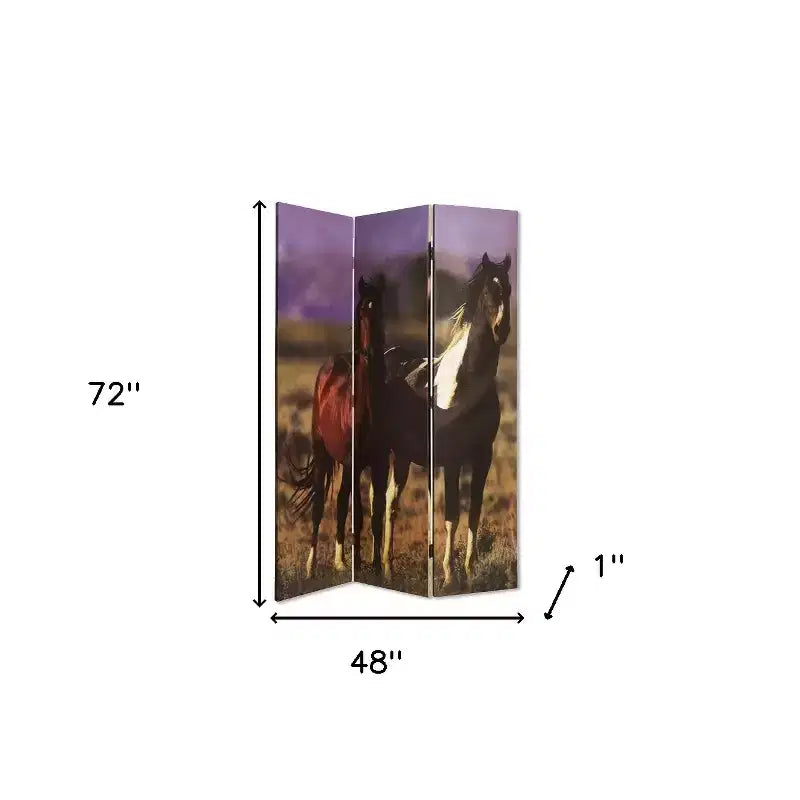 72 Inch Brown Canvas Folding Three Panel Room Divider Screen