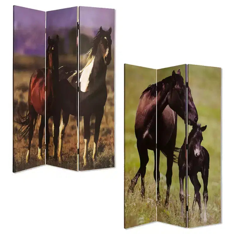72 Inch Brown Canvas Folding Three Panel Room Divider Screen