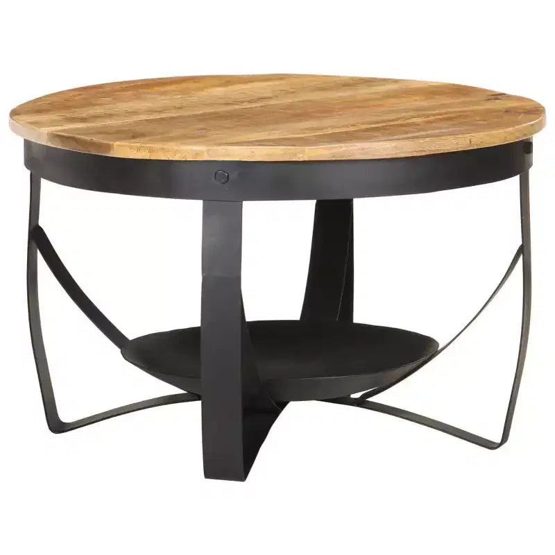 Round Coffee Table, Solid Mango Wood Top with Black Iron Frame, 26.8 x 16.9 in