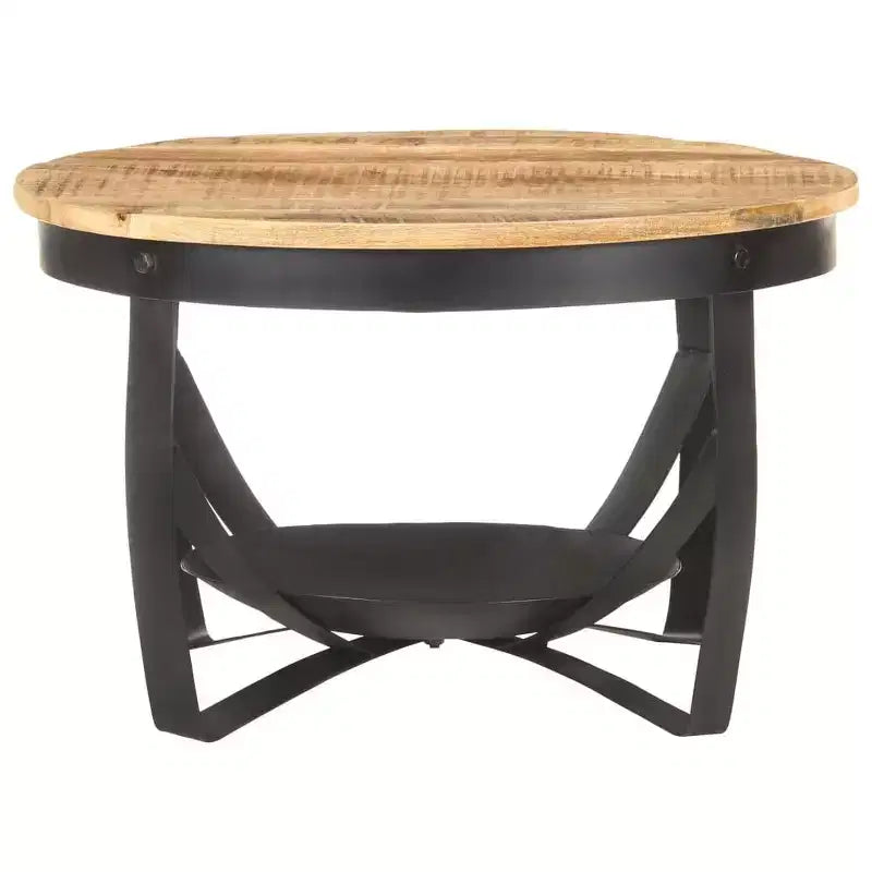 Round Coffee Table, Solid Mango Wood Top with Black Iron Frame, 26.8 x 16.9 in