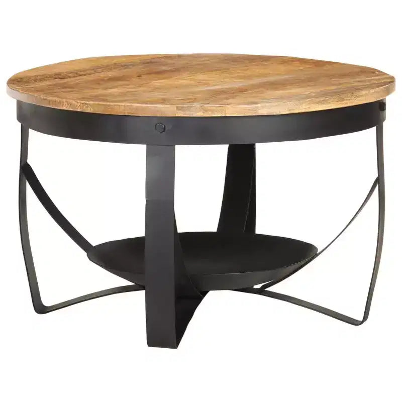 Round Coffee Table, Solid Mango Wood Top with Black Iron Frame, 26.8 x 16.9 in