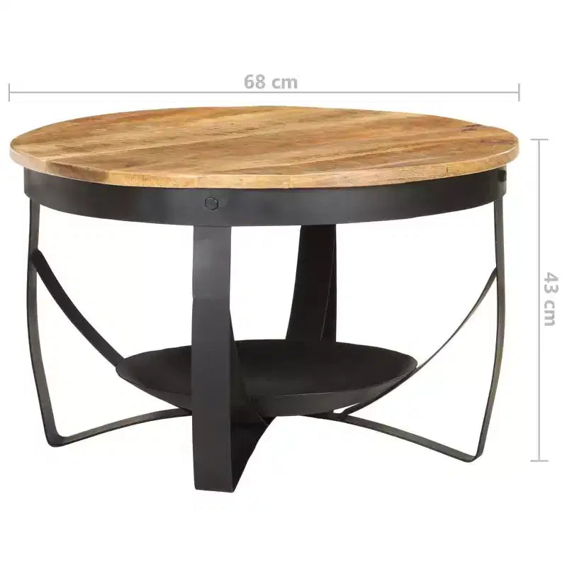 Round Coffee Table, Solid Mango Wood Top with Black Iron Frame, 26.8 x 16.9 in