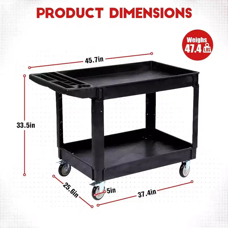 Industrial 2-Shelf Rolling Cart, 550 lbs Capacity Utility Cart with Locking Wheels, Large Plastic Service Cart for Warehouse Garage Workshop Kitchen