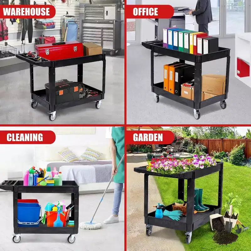Industrial 2-Shelf Rolling Cart, 550 lbs Capacity Utility Cart with Locking Wheels, Large Plastic Service Cart for Warehouse Garage Workshop Kitchen