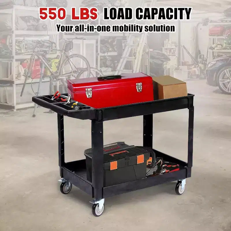 Industrial 2-Shelf Rolling Cart, 550 lbs Capacity Utility Cart with Locking Wheels, Large Plastic Service Cart for Warehouse Garage Workshop Kitchen