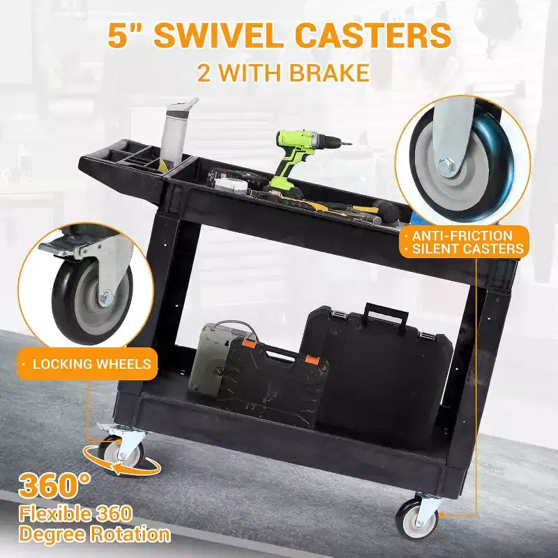 Industrial 2-Shelf Rolling Cart, 550 lbs Capacity Utility Cart with Locking Wheels, Large Plastic Service Cart for Warehouse Garage Workshop Kitchen