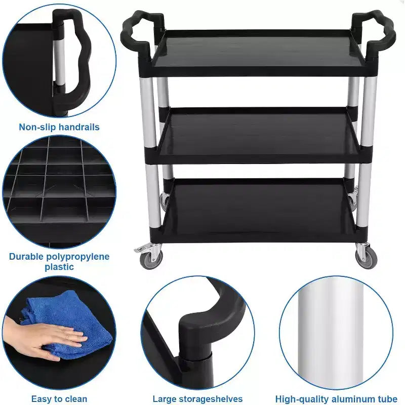 360 LBS Capacity Heavy Duty Service Cart with Locking Wheels, 3-Shelf Commercial Rolling Utility Cart for Restaurant Kitchen, Hotel Cleaning