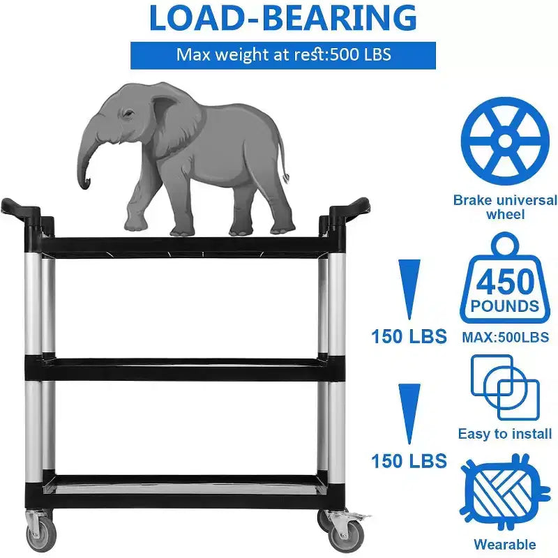 360 LBS Capacity Heavy Duty Service Cart with Locking Wheels, 3-Shelf Commercial Rolling Utility Cart for Restaurant Kitchen, Hotel Cleaning