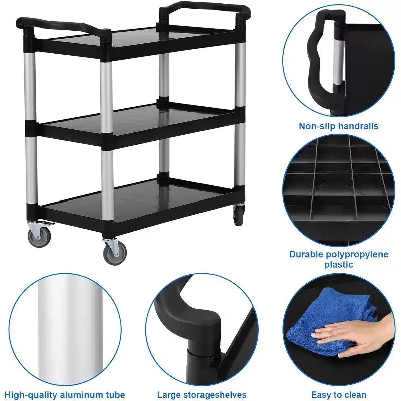 360 LBS Capacity Heavy Duty Service Cart with Locking Wheels, 3-Shelf Commercial Rolling Utility Cart for Restaurant Kitchen, Hotel Cleaning