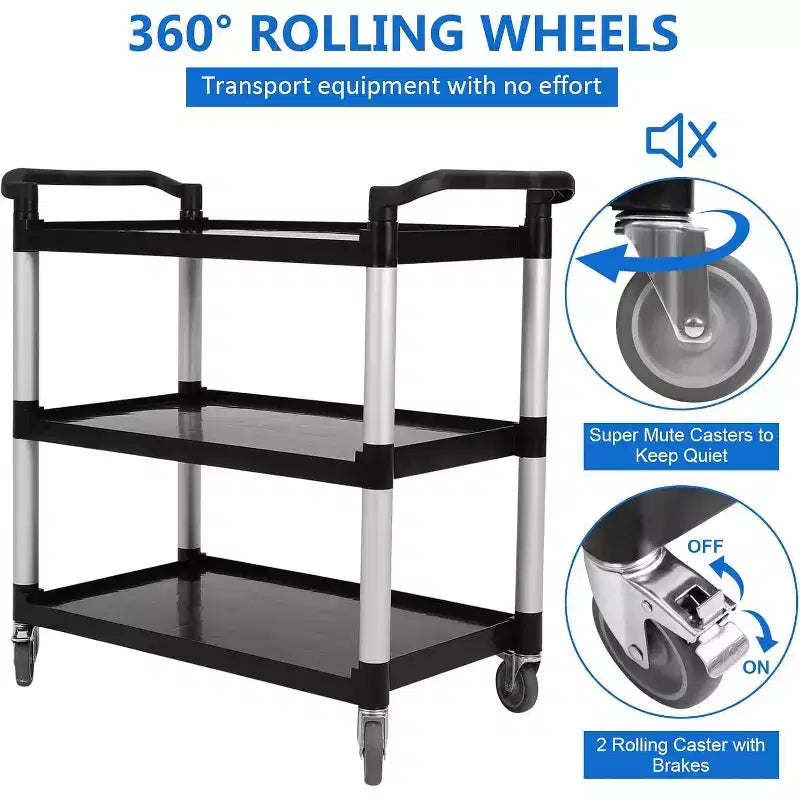 360 LBS Capacity Heavy Duty Service Cart with Locking Wheels, 3-Shelf Commercial Rolling Utility Cart for Restaurant Kitchen, Hotel Cleaning