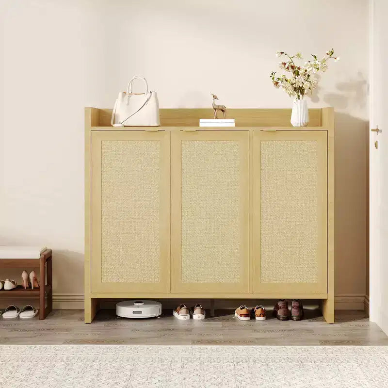 Rattan Shoe Storage Cabinet, Wooden Shoe Rack Organizer Cabinet with 3 Doors and Adjustable Shelves for Entryway Living Room Hallway