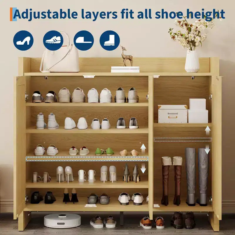 Rattan Shoe Storage Cabinet, Wooden Shoe Rack Organizer Cabinet with 3 Doors and Adjustable Shelves for Entryway Living Room Hallway