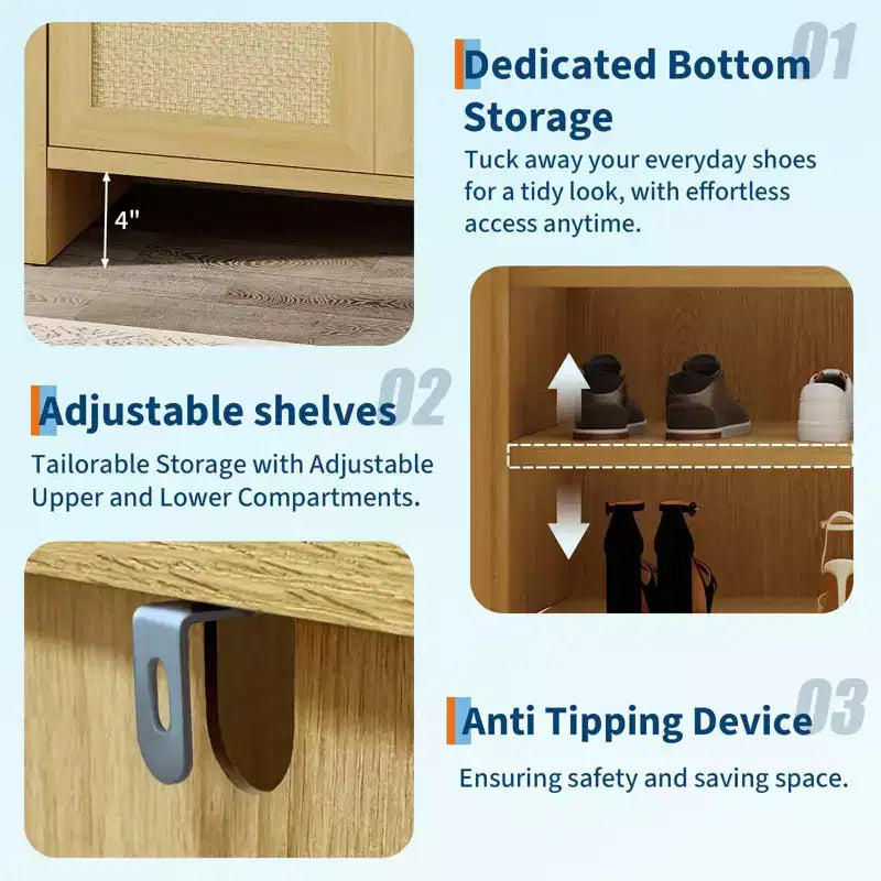 Rattan Shoe Storage Cabinet, Wooden Shoe Rack Organizer Cabinet with 3 Doors and Adjustable Shelves for Entryway Living Room Hallway