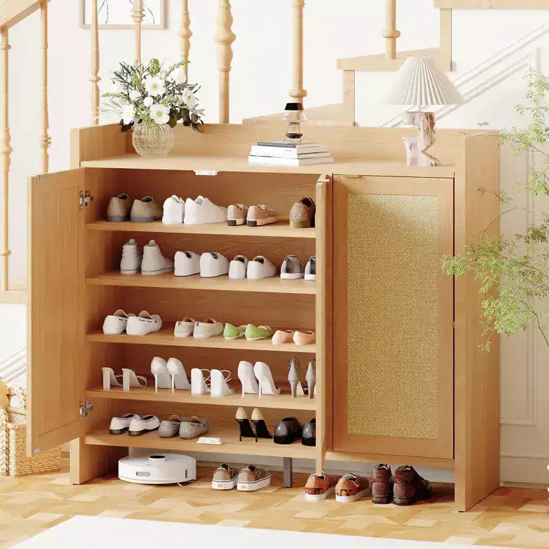 Rattan Shoe Storage Cabinet, Wooden Shoe Rack Organizer Cabinet with 3 Doors and Adjustable Shelves for Entryway Living Room Hallway