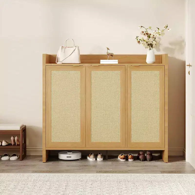 Rattan Shoe Storage Cabinet, Wooden Shoe Rack Organizer Cabinet with 3 Doors and Adjustable Shelves for Entryway Living Room Hallway