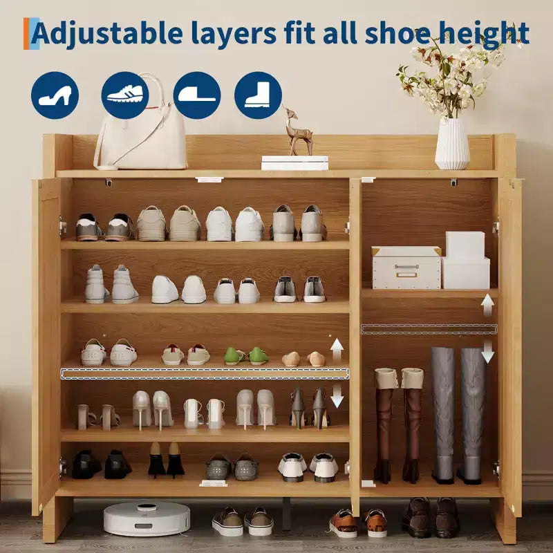 Rattan Shoe Storage Cabinet, Wooden Shoe Rack Organizer Cabinet with 3 Doors and Adjustable Shelves for Entryway Living Room Hallway