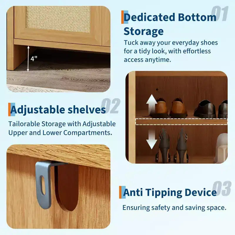 Rattan Shoe Storage Cabinet, Wooden Shoe Rack Organizer Cabinet with 3 Doors and Adjustable Shelves for Entryway Living Room Hallway