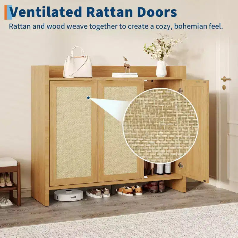 Rattan Shoe Storage Cabinet, Wooden Shoe Rack Organizer Cabinet with 3 Doors and Adjustable Shelves for Entryway Living Room Hallway