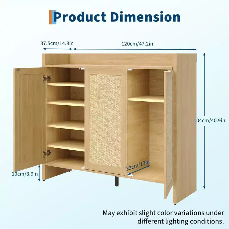 Rattan Shoe Storage Cabinet, Wooden Shoe Rack Organizer Cabinet with 3 Doors and Adjustable Shelves for Entryway Living Room Hallway