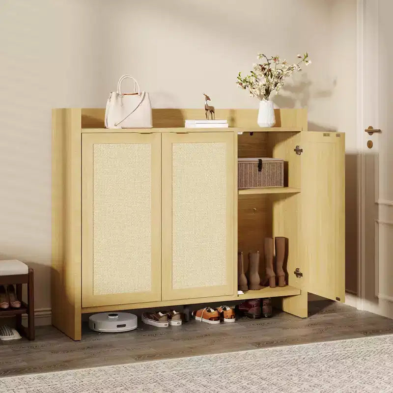 Rattan Shoe Storage Cabinet, Wooden Shoe Rack Organizer Cabinet with 3 Doors and Adjustable Shelves for Entryway Living Room Hallway