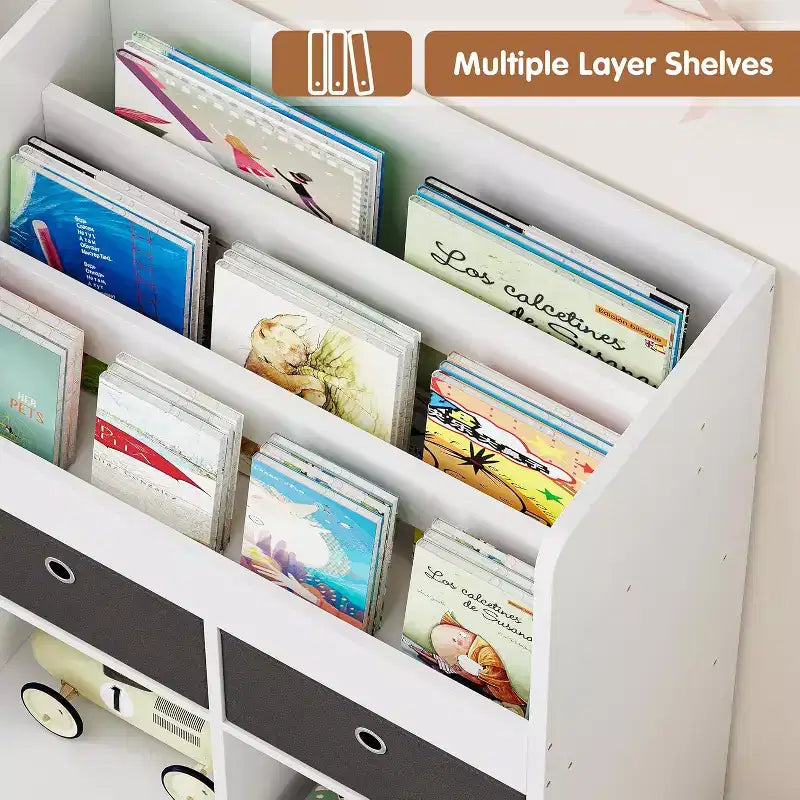 4 Tier Children's Wooden Bookcase with Drawers, 47.8 Inch Toy Storage Bookcase, Book Display Shelf, Nursery, Children's Room, Playroom, Classroom