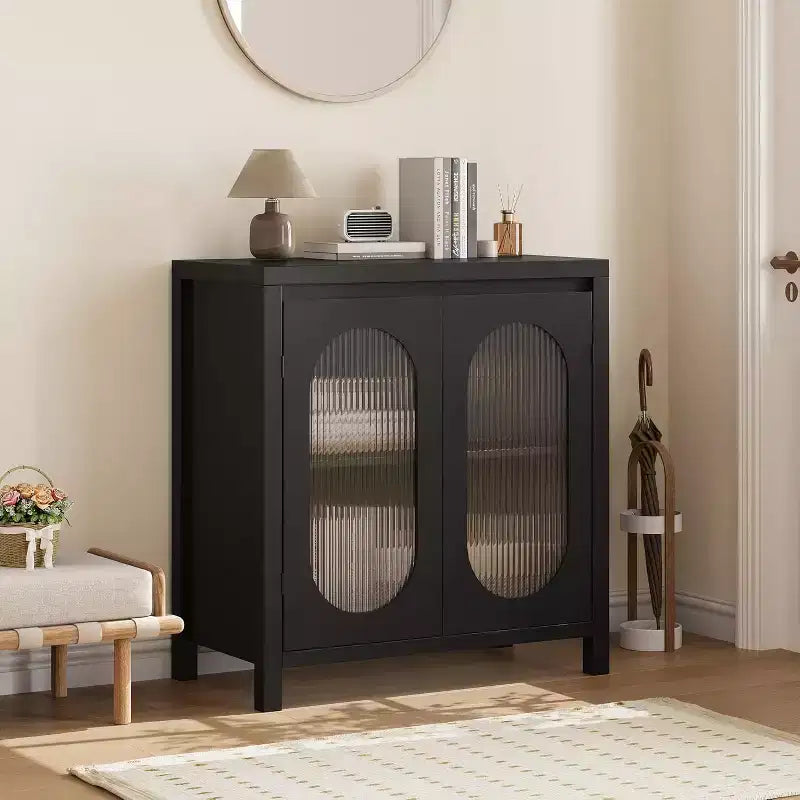 Storage cabinet with adjustable shelves, black decorative storage cabinet, suitable for living room, dining room and entryway.