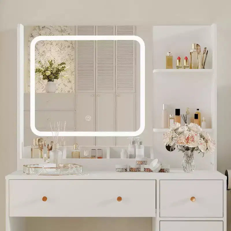 Modern Makeup Vanity Table with Mirror, Stool, Adjustable Brightness, 4 Drawers and Storage Shelves, Dressing Desk for Bedroom