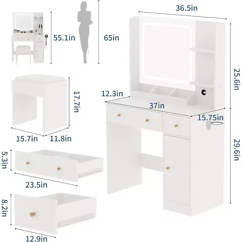 Modern Makeup Vanity Table with Mirror, Stool, Adjustable Brightness, 4 Drawers and Storage Shelves, Dressing Desk for Bedroom