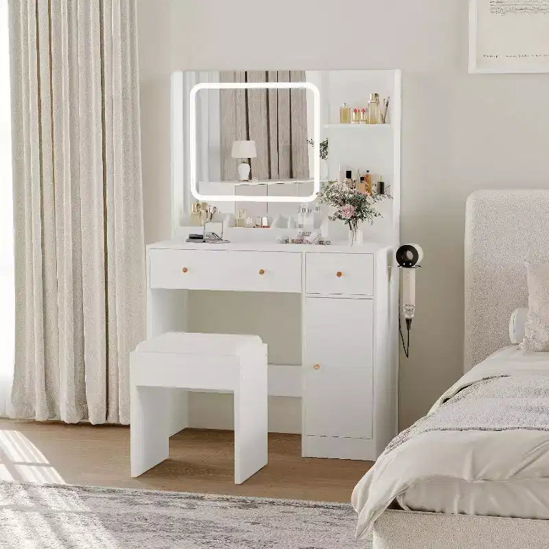 Modern Makeup Vanity Table with Mirror, Stool, Adjustable Brightness, 4 Drawers and Storage Shelves, Dressing Desk for Bedroom