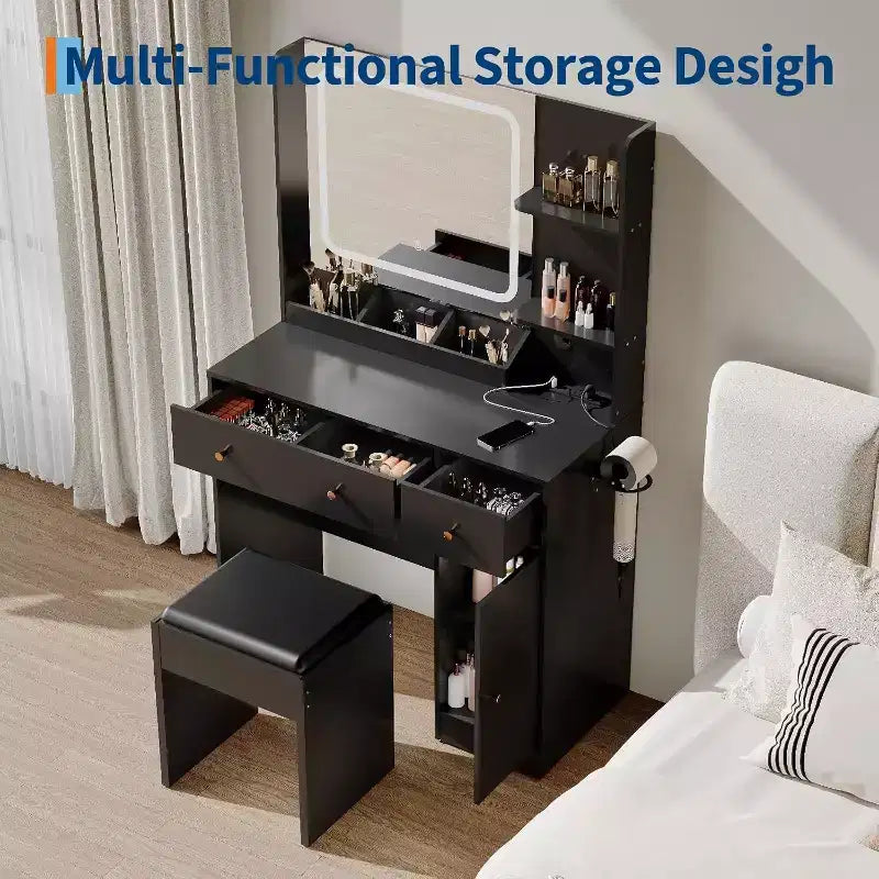 Modern Makeup Vanity Table with Mirror, Stool, Adjustable Brightness, 4 Drawers and Storage Shelves, Dressing Desk for Bedroom