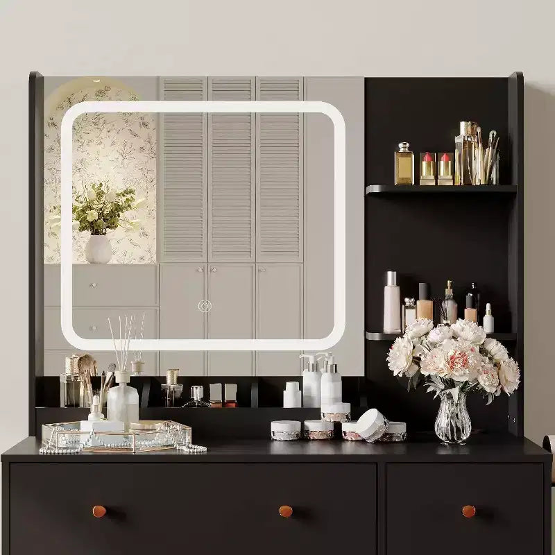 Modern Makeup Vanity Table with Mirror, Stool, Adjustable Brightness, 4 Drawers and Storage Shelves, Dressing Desk for Bedroom