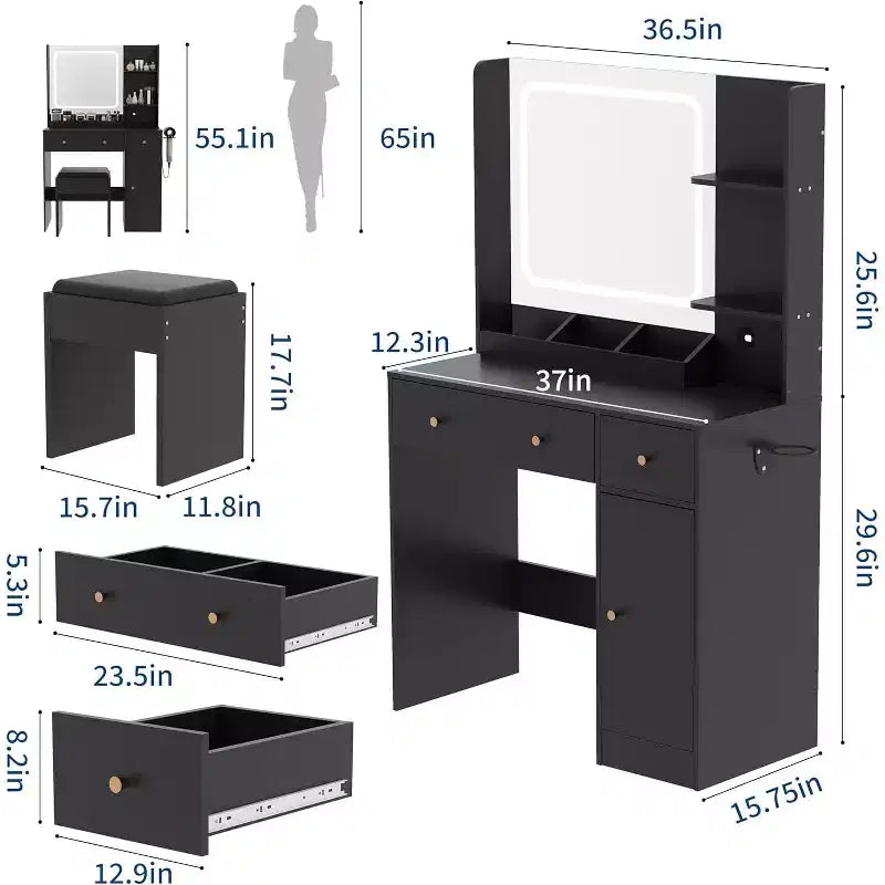 Modern Makeup Vanity Table with Mirror, Stool, Adjustable Brightness, 4 Drawers and Storage Shelves, Dressing Desk for Bedroom