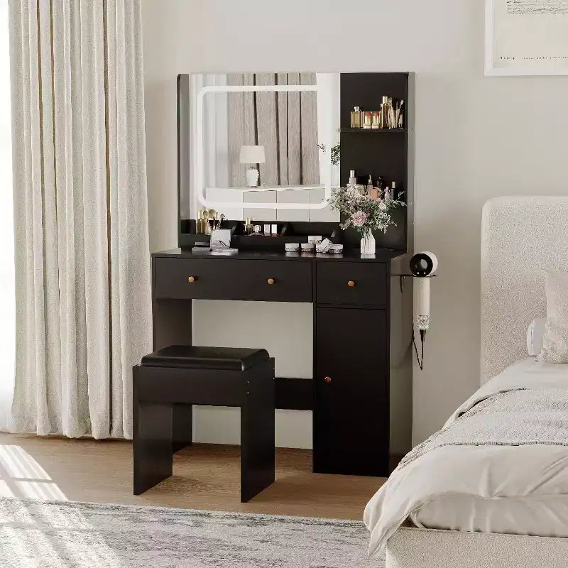 Modern Makeup Vanity Table with Mirror, Stool, Adjustable Brightness, 4 Drawers and Storage Shelves, Dressing Desk for Bedroom