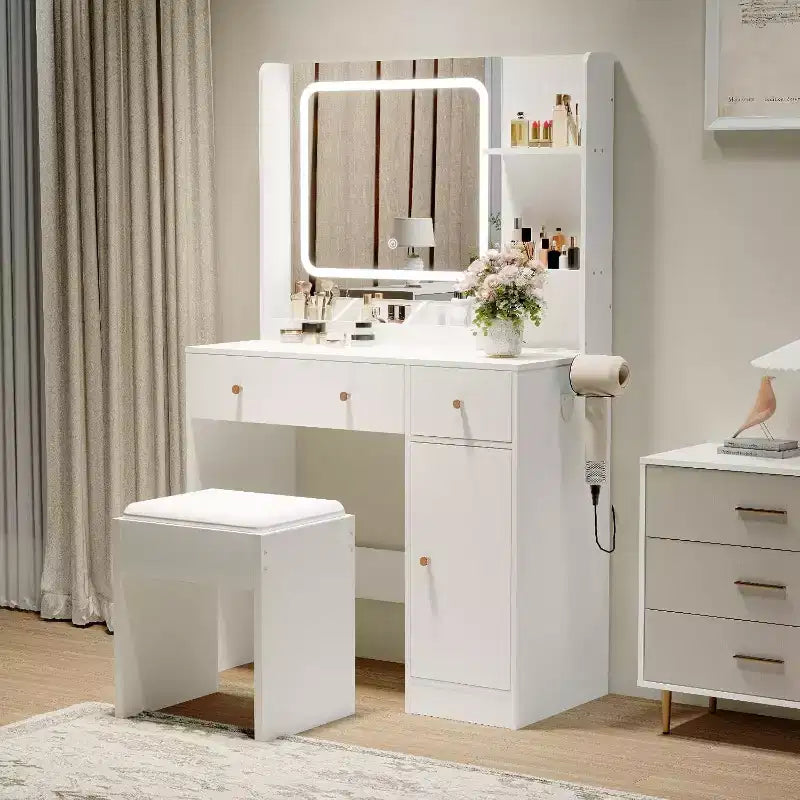 Modern Makeup Vanity Table with Mirror, Stool, Adjustable Brightness, 4 Drawers and Storage Shelves, Dressing Desk for Bedroom