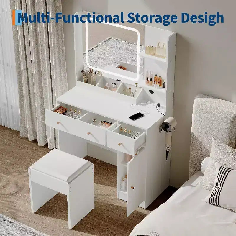 Modern Makeup Vanity Table with Mirror, Stool, Adjustable Brightness, 4 Drawers and Storage Shelves, Dressing Desk for Bedroom