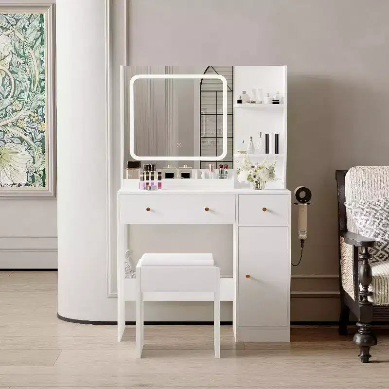 Modern Makeup Vanity Table with Mirror, Stool, Adjustable Brightness, 4 Drawers and Storage Shelves, Dressing Desk for Bedroom