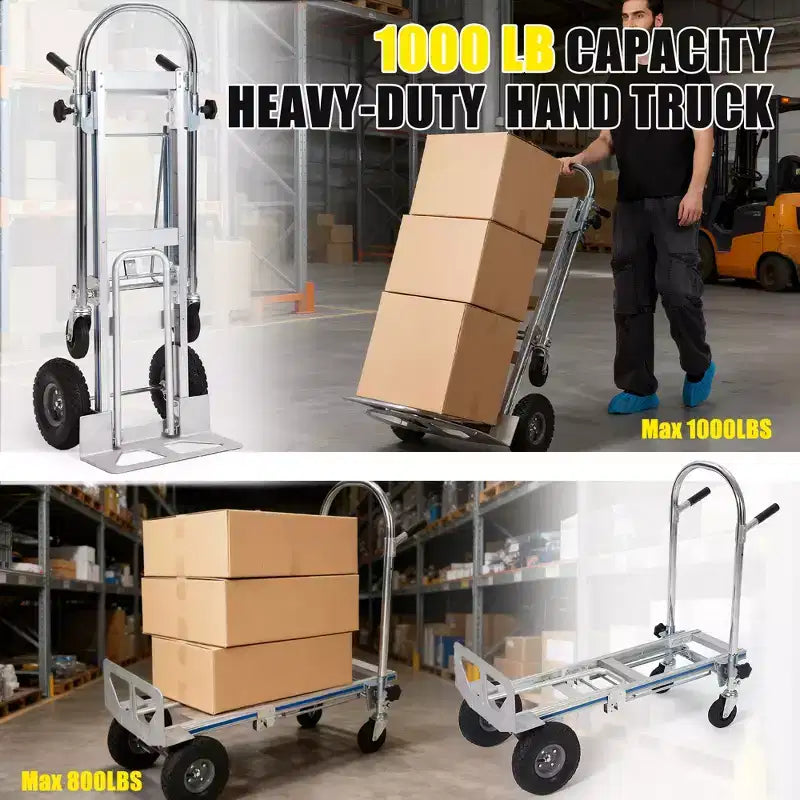 1000 Lbs Capacity Aluminum Folding Hand Truck, 4-in-1 Convertible Dolly Cart with Rubber Wheels for Warehouse Supermarket Garden