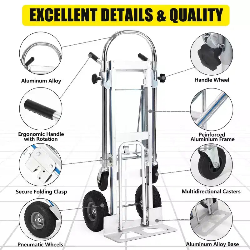 1000 Lbs Capacity Aluminum Folding Hand Truck, 4-in-1 Convertible Dolly Cart with Rubber Wheels for Warehouse Supermarket Garden