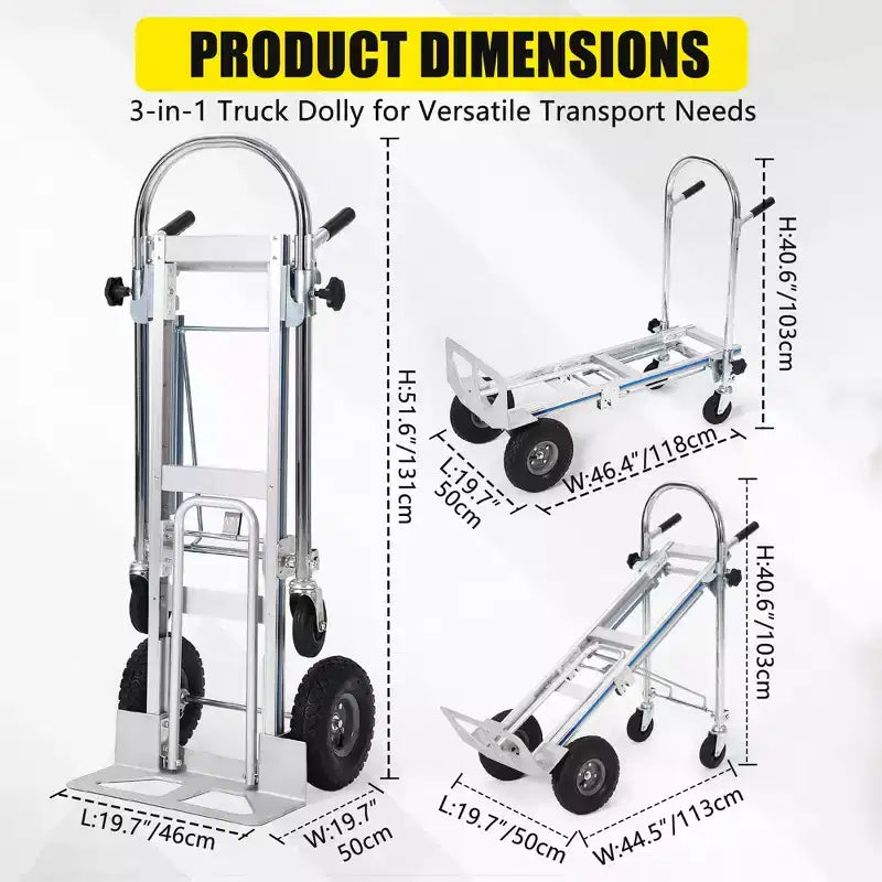 1000 Lbs Capacity Aluminum Folding Hand Truck, 4-in-1 Convertible Dolly Cart with Rubber Wheels for Warehouse Supermarket Garden