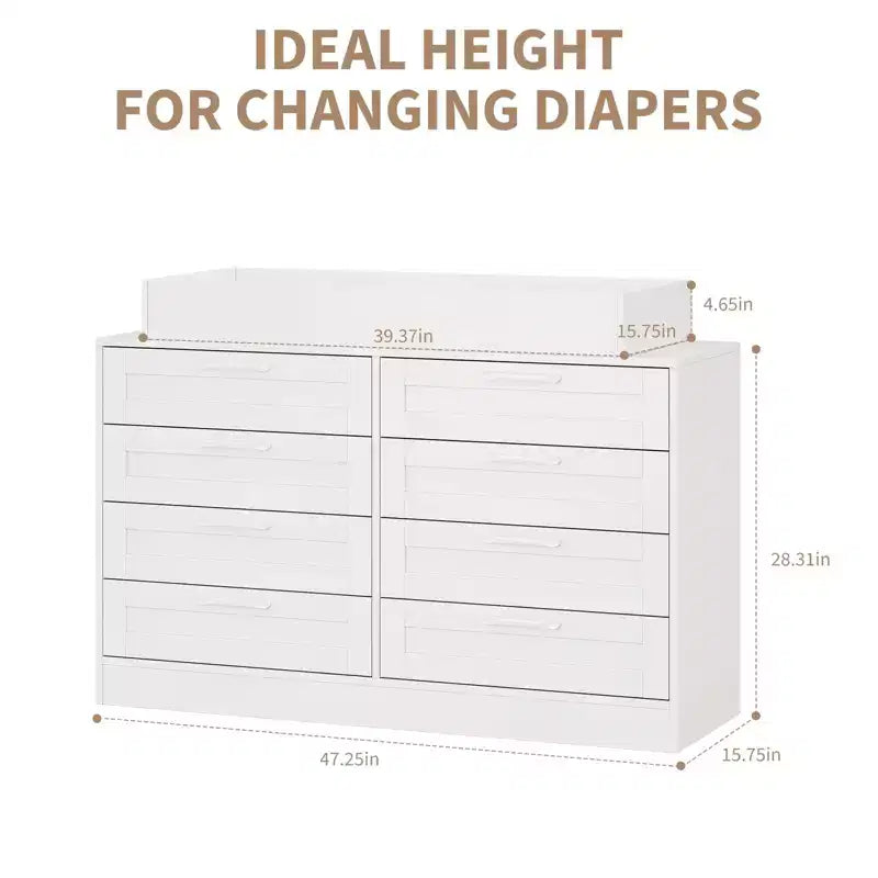 White Changing Table Dresser with 8 Wood Drawers, Classic Nursery Dresser, Multi-Functional Diaper Changing Station, Dresser for Bedroom (No Pad)