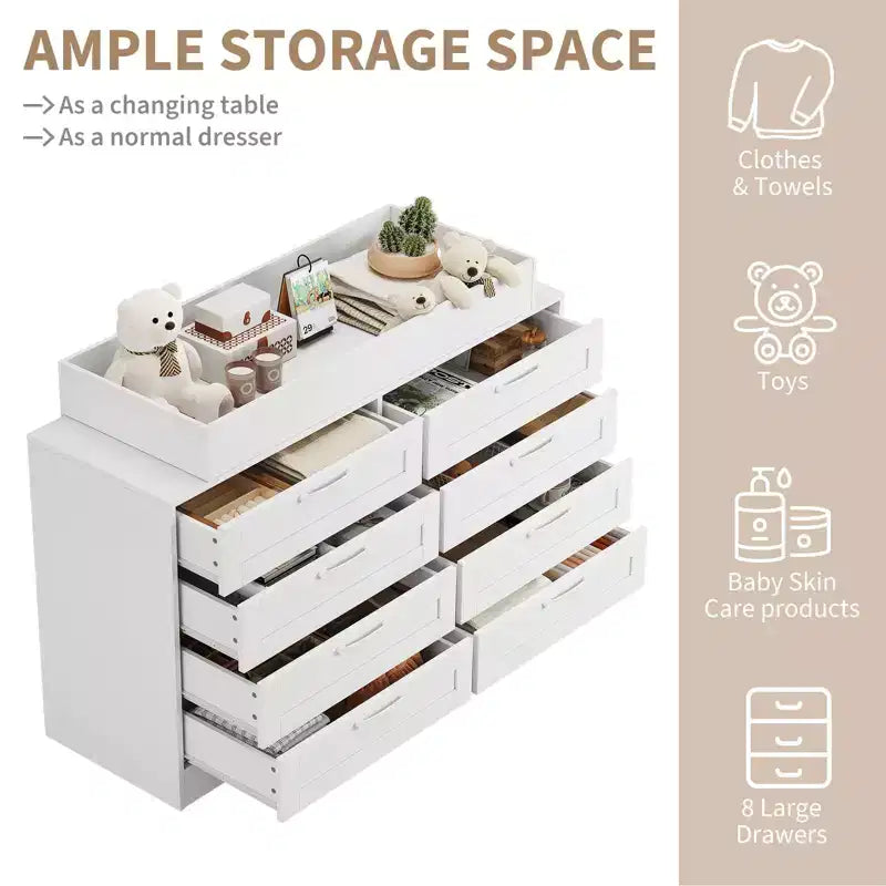 White Changing Table Dresser with 8 Wood Drawers, Classic Nursery Dresser, Multi-Functional Diaper Changing Station, Dresser for Bedroom (No Pad)