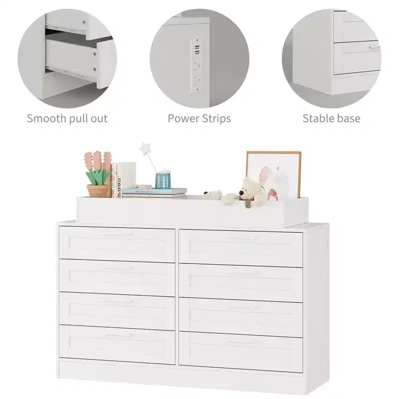White Changing Table Dresser with 8 Wood Drawers, Classic Nursery Dresser, Multi-Functional Diaper Changing Station, Dresser for Bedroom (No Pad)