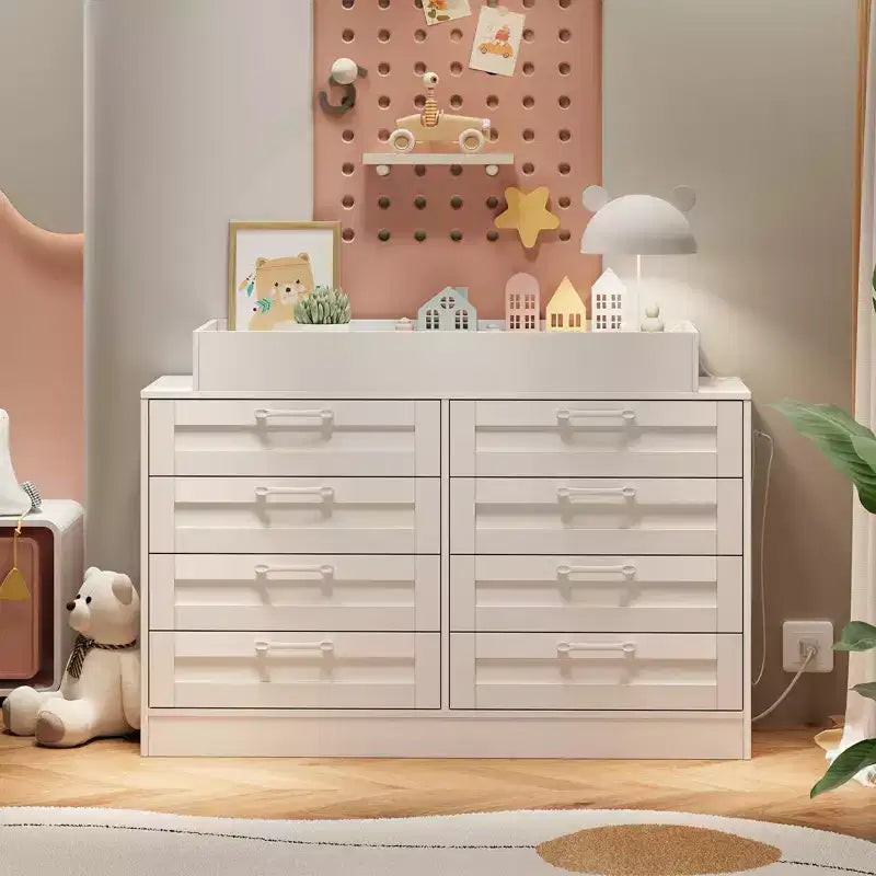 White Changing Table Dresser with 8 Wood Drawers, Classic Nursery Dresser, Multi-Functional Diaper Changing Station, Dresser for Bedroom (No Pad)
