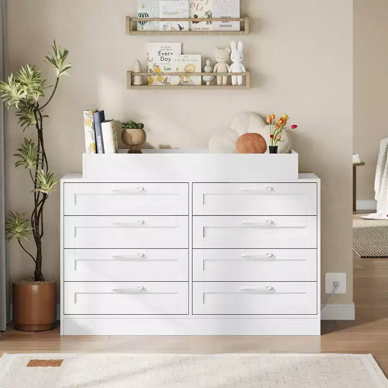 White Changing Table Dresser with 8 Wood Drawers, Classic Nursery Dresser, Multi-Functional Diaper Changing Station, Dresser for Bedroom (No Pad)