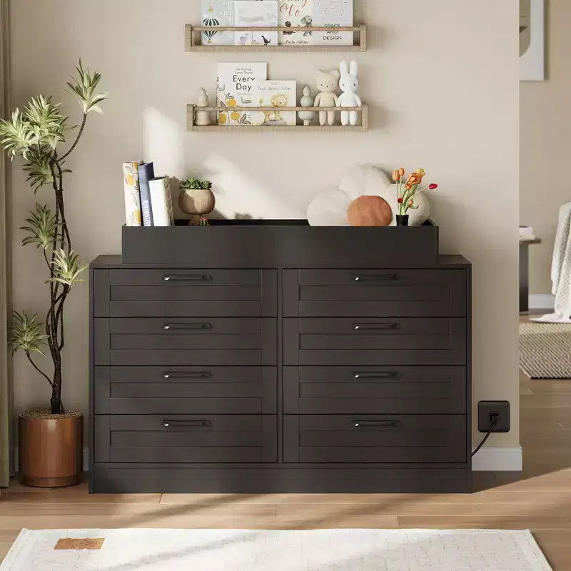 White Changing Table Dresser with 8 Wood Drawers, Classic Nursery Dresser, Multi-Functional Diaper Changing Station, Dresser for Bedroom (No Pad)