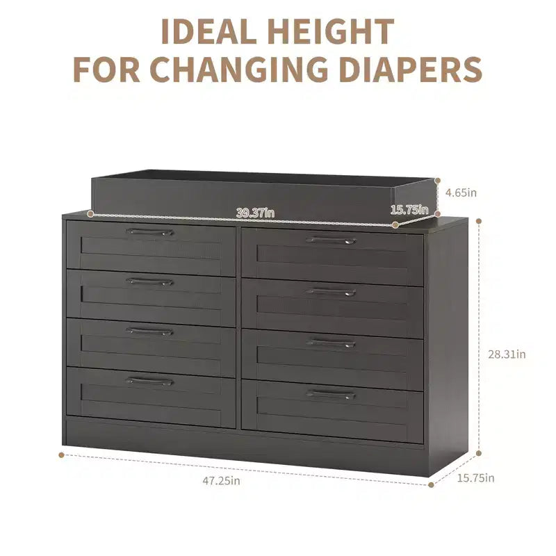 White Changing Table Dresser with 8 Wood Drawers, Classic Nursery Dresser, Multi-Functional Diaper Changing Station, Dresser for Bedroom (No Pad)