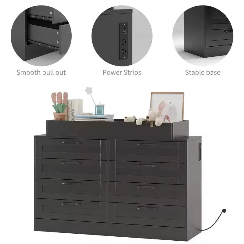 White Changing Table Dresser with 8 Wood Drawers, Classic Nursery Dresser, Multi-Functional Diaper Changing Station, Dresser for Bedroom (No Pad)