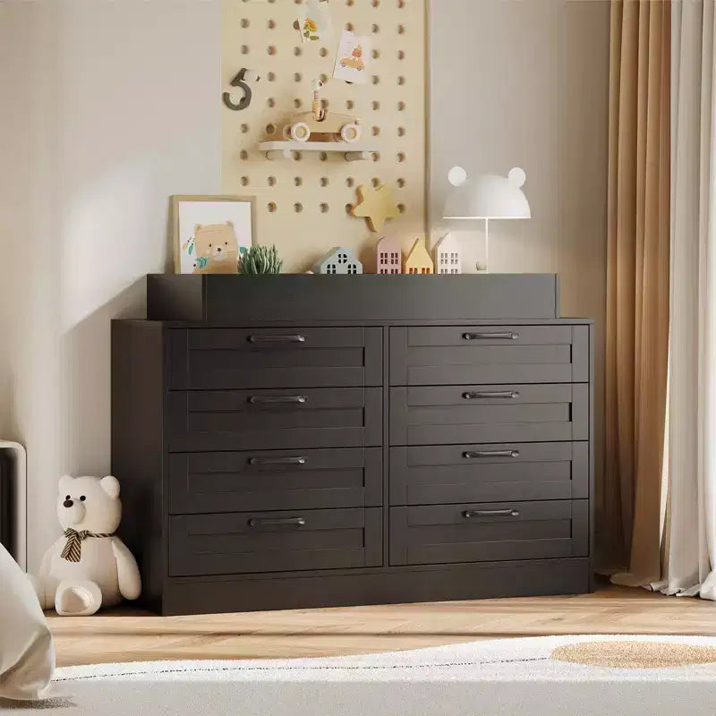 White Changing Table Dresser with 8 Wood Drawers, Classic Nursery Dresser, Multi-Functional Diaper Changing Station, Dresser for Bedroom (No Pad)