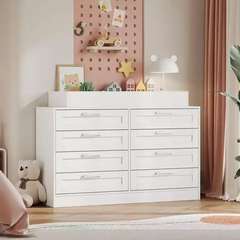 White Changing Table Dresser with 8 Wood Drawers, Classic Nursery Dresser, Multi-Functional Diaper Changing Station, Dresser for Bedroom (No Pad)